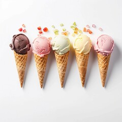  Ice Cream Scoops, Isolated white background, flat lay