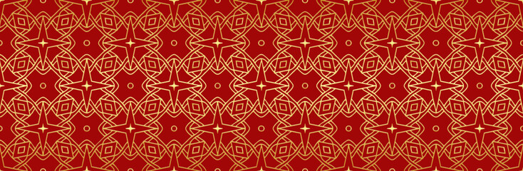 Banner, ethnic exclusive boho cover design. Geometric decorative gold pattern on red background, festive print. Ornaments, arabesques, stained glass, mandala of the East, Asia, India, Mexico, Aztec