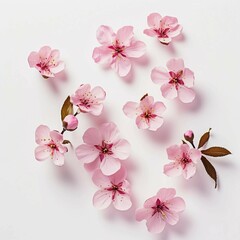 Pink Flowers, Isolated on white background, flat lay