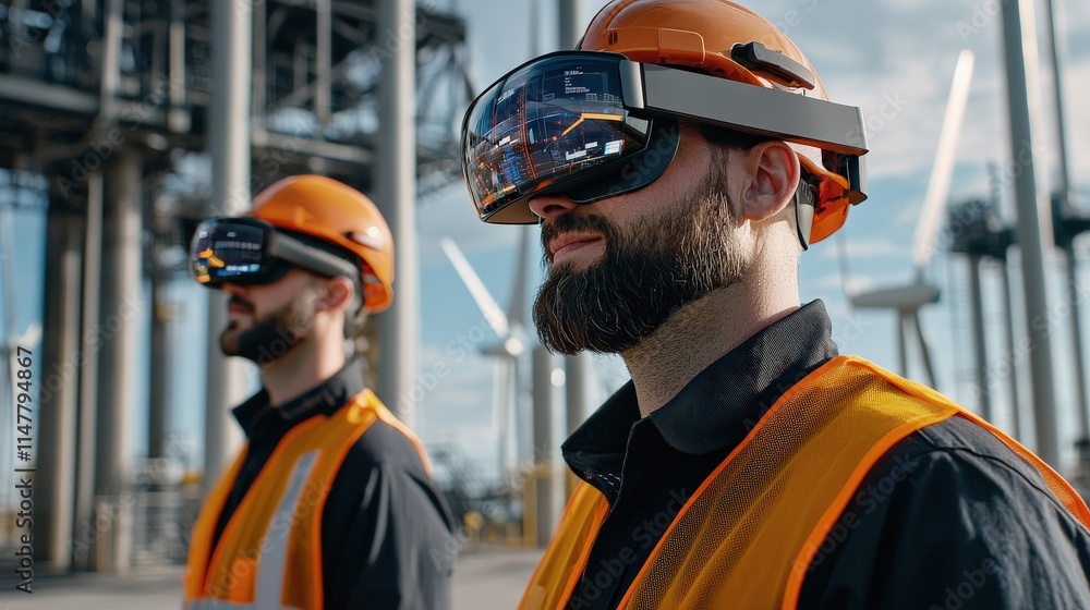 Aufkleber Engineers using augmented reality glasses to visualize a building blueprint on-site