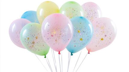 A vibrant bunch of helium balloons in pastel colors like pink, blue, green, and yellow, adorned with sparkling glitter and surrounded by small stars, floating against a clean white background