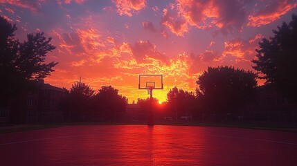 Vibrant sunset over an empty outdoor basketball court.