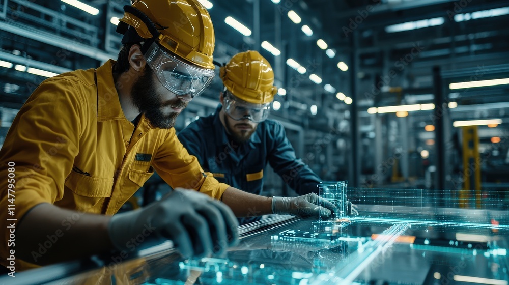 Poster Engineers testing a fully automated conveyor belt system in a factory