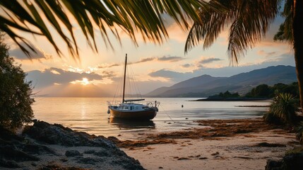 Naklejka premium Serene sunset over calm waters, a sailboat anchored near the shore surrounded by lush palm trees and scenic mountain views.
