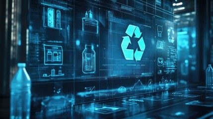 Recycling symbols on a transparent screen with bottles.