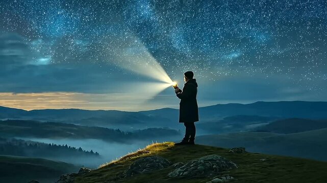 Man Shining Flashlight at Night on Rocky Hilltop Under Starry Sky