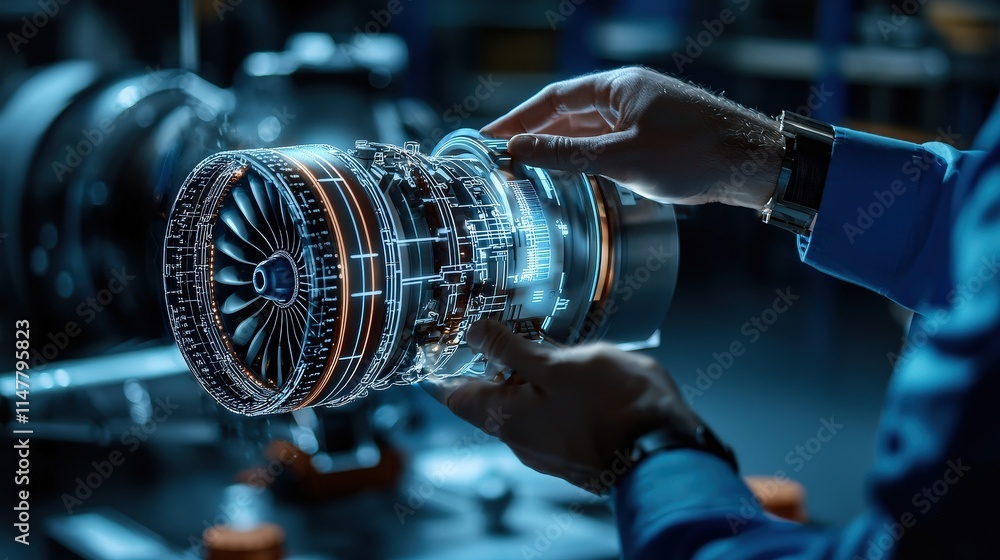 Poster an engineer working on a holographic interface, analyzing a model of a jet engine