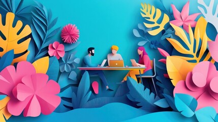 Three people working at desk in paper cut floral setting.