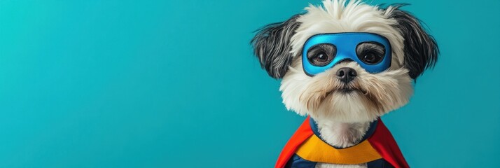 Fototapeta premium Hero dog wears mask, cape on blue.