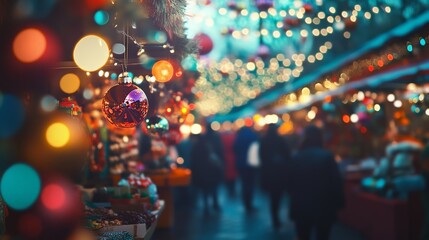 Colorful market filled with bright lights and festive decorations during a joyful season for everyone to enjoy together.