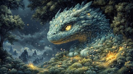 Enchanted forest; stone dragon, glowing eyes.