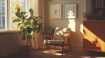 Fototapeta premium Cozy sunlight-filled room with a green plant and classic chair, perfect for relaxation and calm moments.