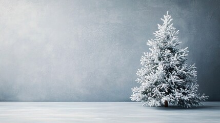 Fototapeta premium Minimalist gray background for product photography with just one white Christmas tree
