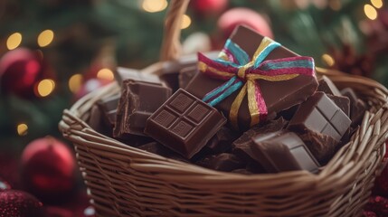 Chocolate Gift Basket with Colorful Ribbon and Festive Decorations