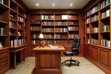 Luxurious home library with wooden bookcases, desk, and chair.