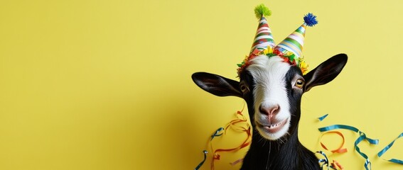 Goat wears party hat on yellow background.