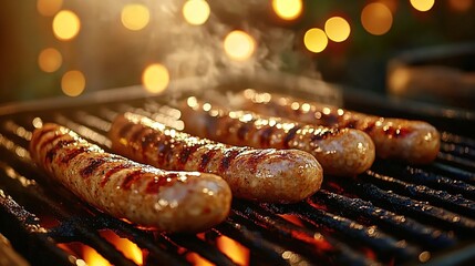 Sausages on the grill, focus on the sausages, blurred background with party lights