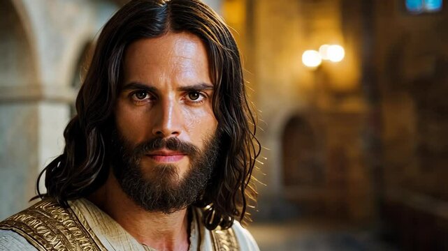 close up face of Jesus Christ at the ancient temple 
