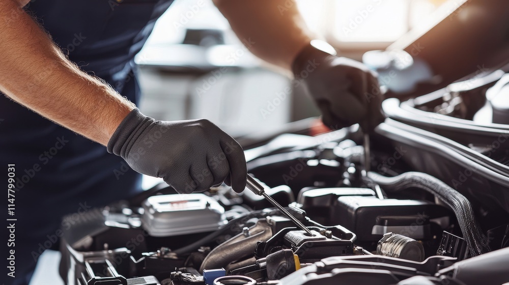 Poster a mechanic diligently inspects a car engine under bright workshop lighting, tools neatly arranged in
