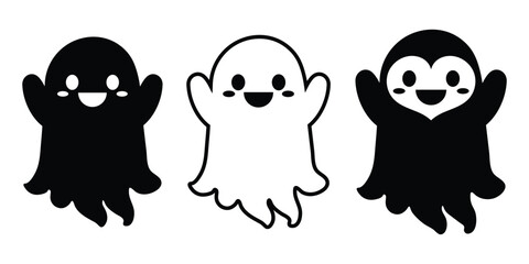 Three Cute Cartoon Ghosts in Black and White