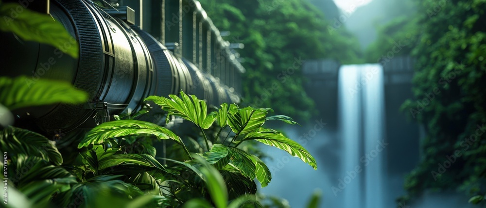 Poster a green waterfall with a pipe running through it
