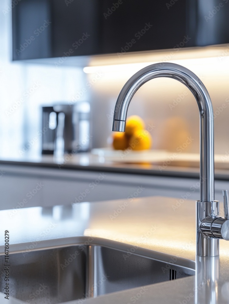 Poster Modern kitchen featuring sleek water filter and minimalist design with efficient layout and stylish appliances. Generative AI