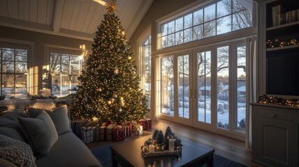 Fototapeta premium Cozy living room with a beautiful Christmas tree and winter scenery outside the windows