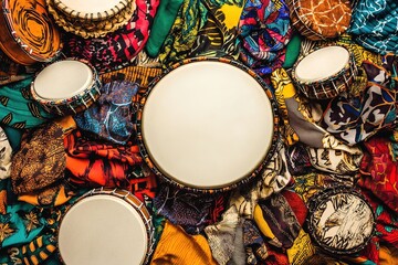 Colorful textiles surround circular drums, creating vibrant, art