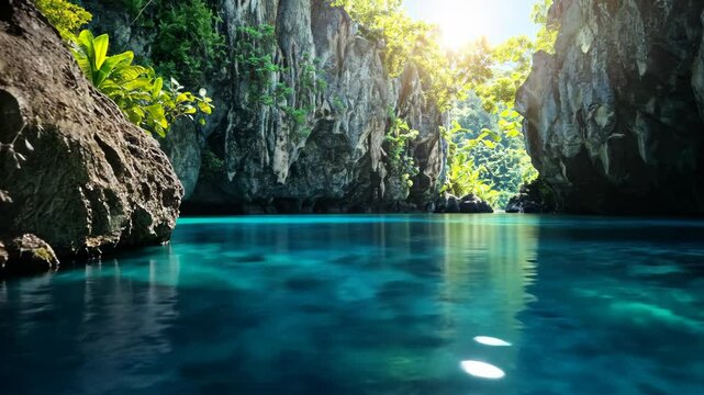 beautiful dreamy blue water lagoon with rock wall
