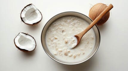 Creamy Coconut Milk with Fresh Coconut and Wooden Spoon in Bowl
