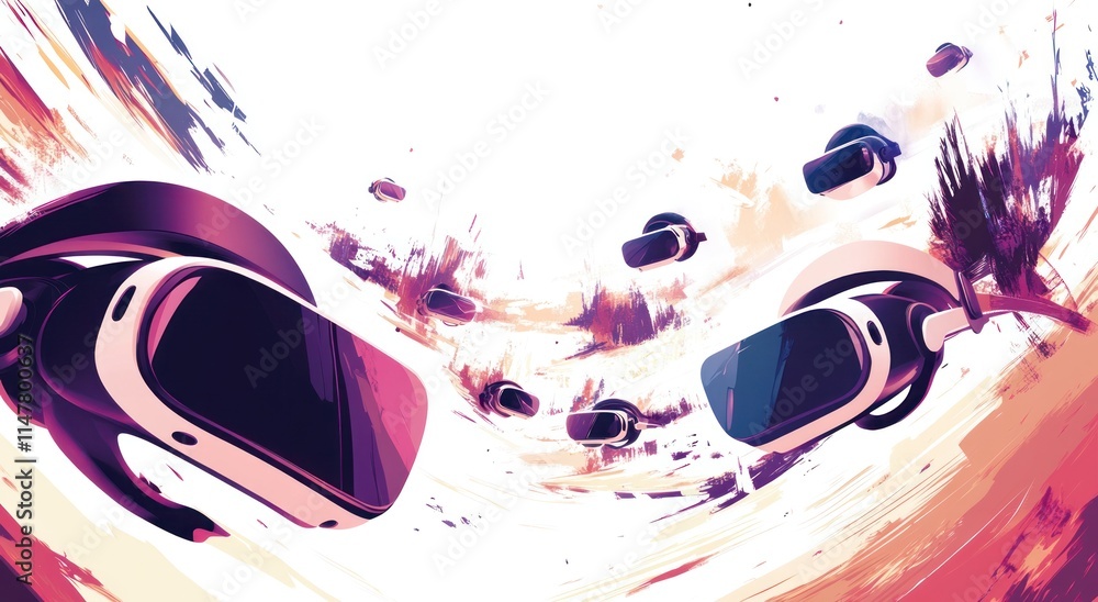Poster abstract vr headsets float in a colorful artistic swirl.