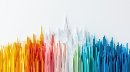 Fototapeta premium Colorful abstract 3D render of sharp vertical spikes forming a rainbow spectrum wave against a white background.