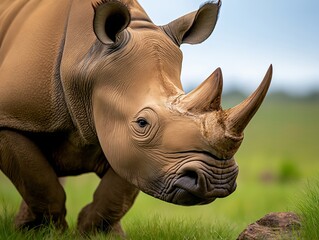 Fototapeta premium A majestic rhinoceros captured mid-step in a vibrant grassy savanna, showcasing its powerful horns and rugged features against a soft, distant horizon