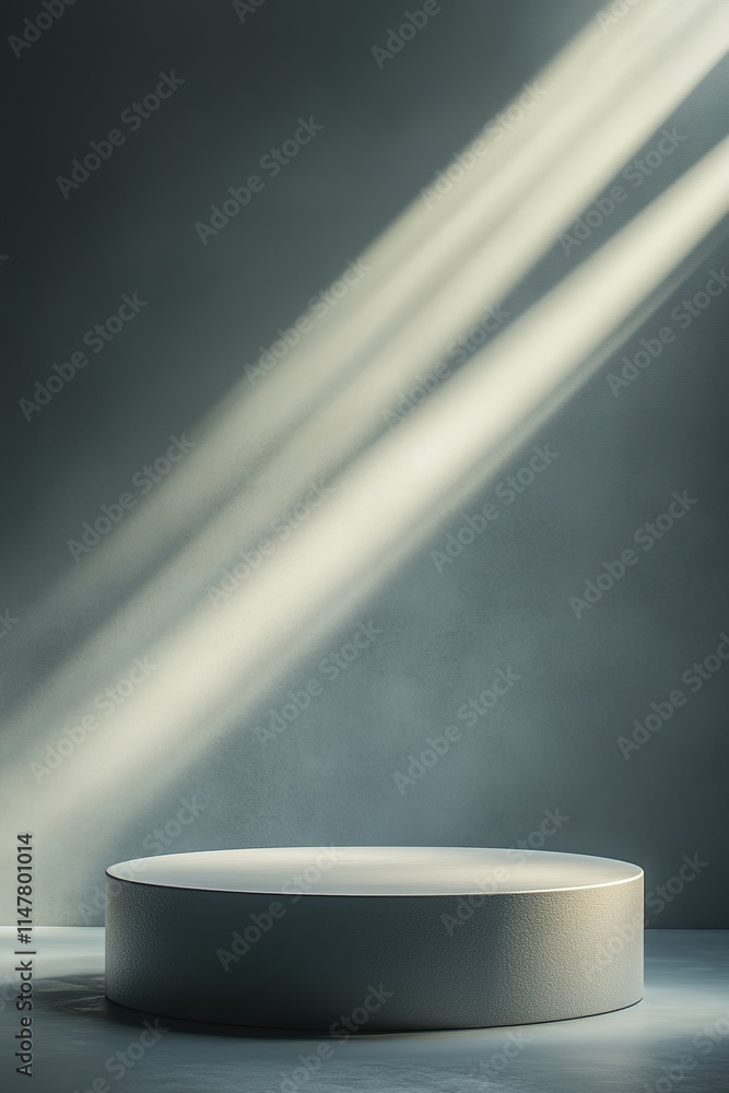 Poster illuminated circular platform in dim space, soft rays of light c