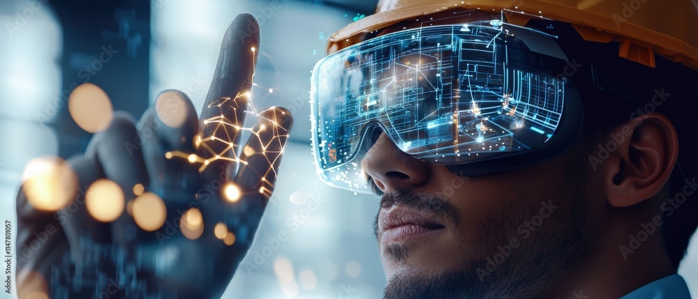 Aufkleber a construction worker wearing augmented reality goggles to overlay designs on a building site