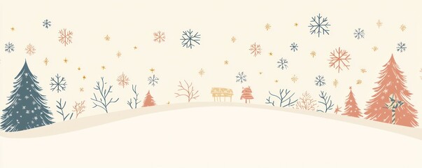 Snowy landscape with trees and snowflakes.