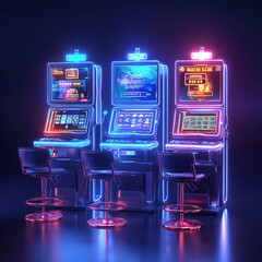 Neon lit slot machines in vibrant casino setting
