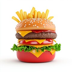 A colorful, stylized hamburger with layers of cheese, lettuce, ketchup, and fries, displayed against a plain background.