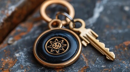 Fototapeta premium A close-up of a decorative keychain featuring a circular emblem and a key.
