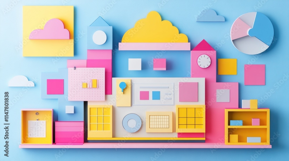 Poster abstract shapes create a colorful whimsical composition.