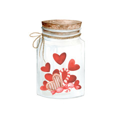 The image depicts a watercolor painting of a glass jar with a cork lid. The jar is tied with a brown string, and inside it are red candy hearts, striped candy canes, and red candy wrapped with string