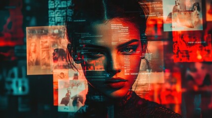 Woman with code overlay, digital interface behind her.