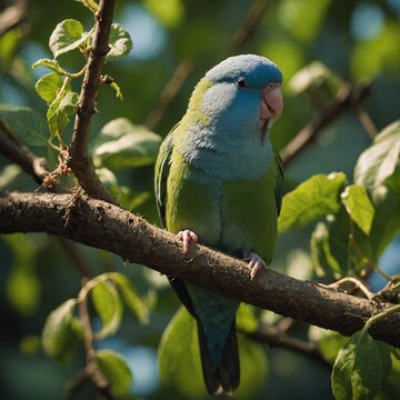 A parrotlet playing on a vine under dappled sunlight.