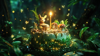 Whimsical mouse birthday cake with fireflies in enchanted forest.