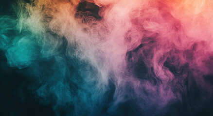 Wisps of vibrant smoke dance in the air, blending shades of teal, pink, and purple against a dark background. This enchanting display evokes a sense of mystery and creativity.