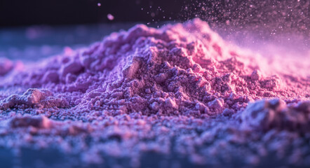 A mound of vibrant pink powder is displayed on a flat surface with particles shimmering in the light, evoking a sense of artistic expression and creativity.
