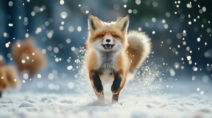 Obraz premium A cheerful red fox joyfully leaping through a snowy field, surrounded by sparkling snowflakes and a softly blurred winter background capturing playful energy