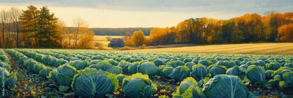 Poster cabbage field with fall trees and distant barn.