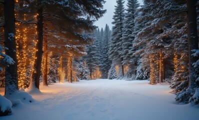 Winter forest path with glowing lights