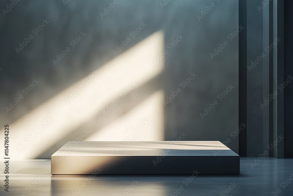 Poster minimalist display platform illuminated by soft shadows and natu